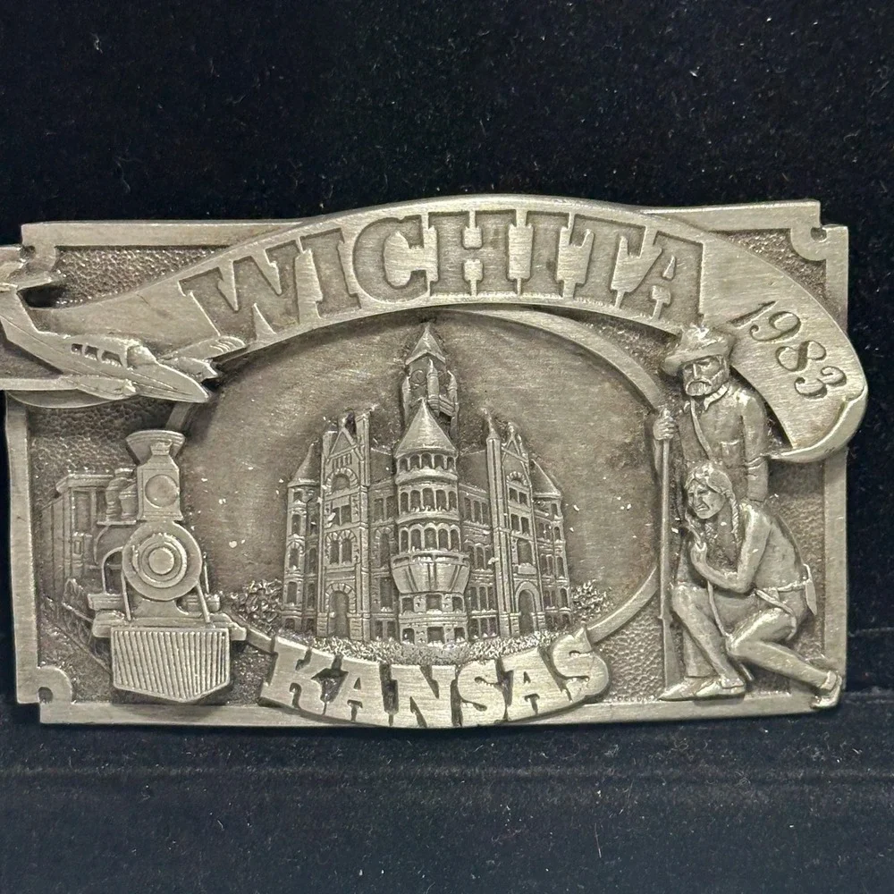 Vintage 1983 Wichita KS Commemorative Limited Edition Train Jet Belt Buckle 80
